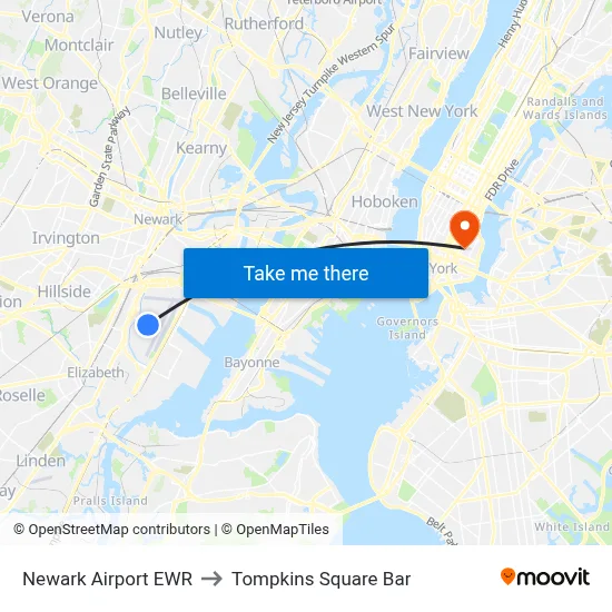 Newark Airport EWR to Tompkins Square Bar map