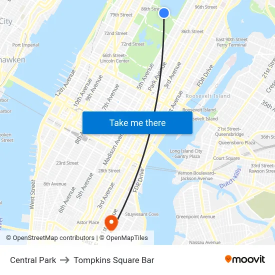 Central Park to Tompkins Square Bar map