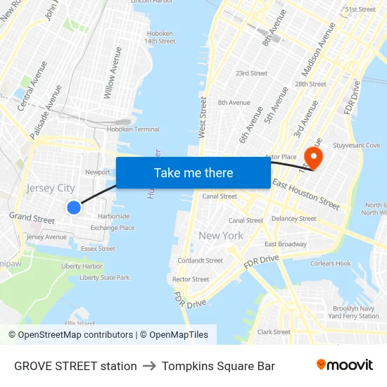 GROVE STREET station to Tompkins Square Bar map