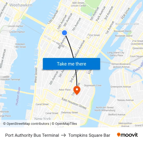 Port Authority Bus Terminal to Tompkins Square Bar map