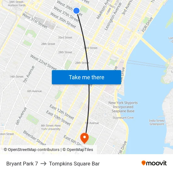 Bryant Park 7 to Tompkins Square Bar map