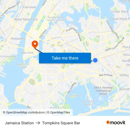 Jamaica Station to Tompkins Square Bar map