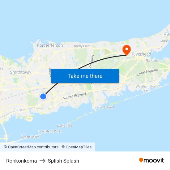 Ronkonkoma to Splish Splash map