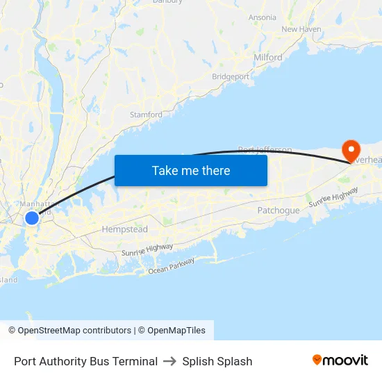 Port Authority Bus Terminal to Splish Splash map