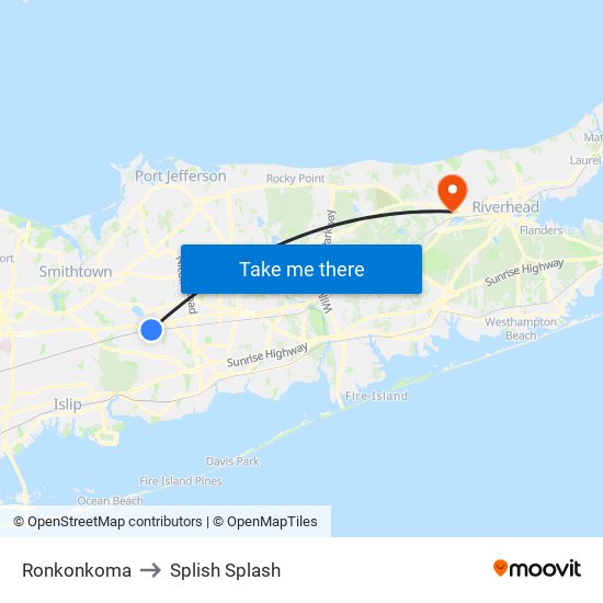 Ronkonkoma to Splish Splash map