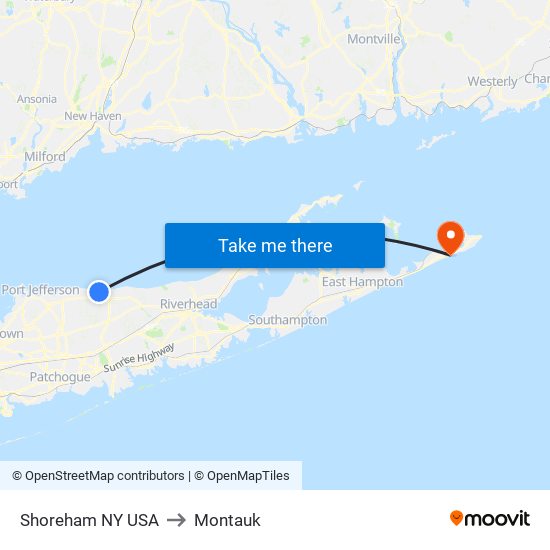 Shoreham NY USA to Montauk map