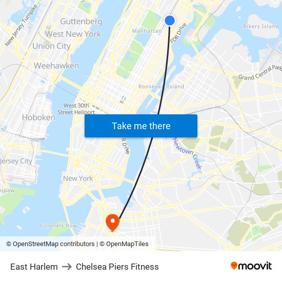 East Harlem to Chelsea Piers Fitness map