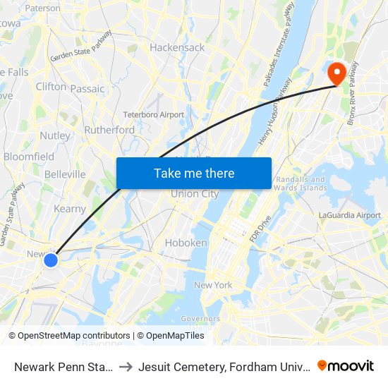 Newark Penn Station to Jesuit Cemetery, Fordham University map