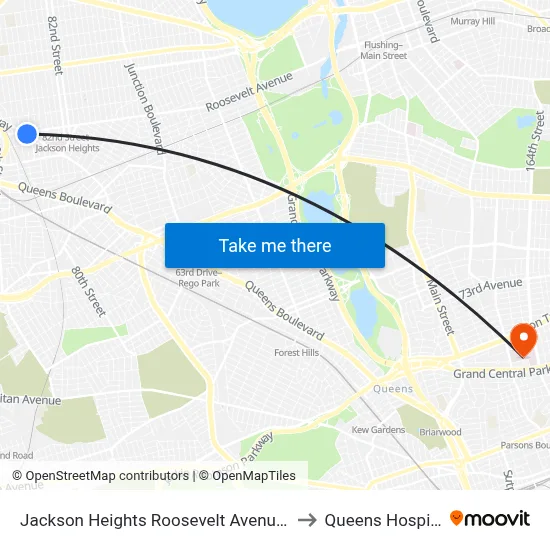 Jackson Heights Roosevelt Avenue 74th Street Station to Queens Hospital Center map