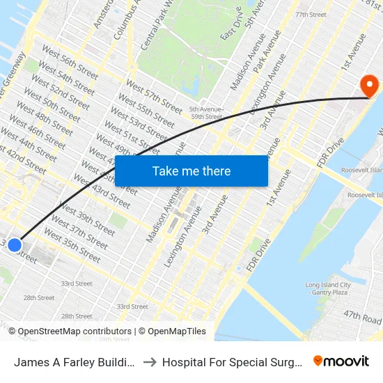 James A Farley Building to Hospital For Special Surgery map