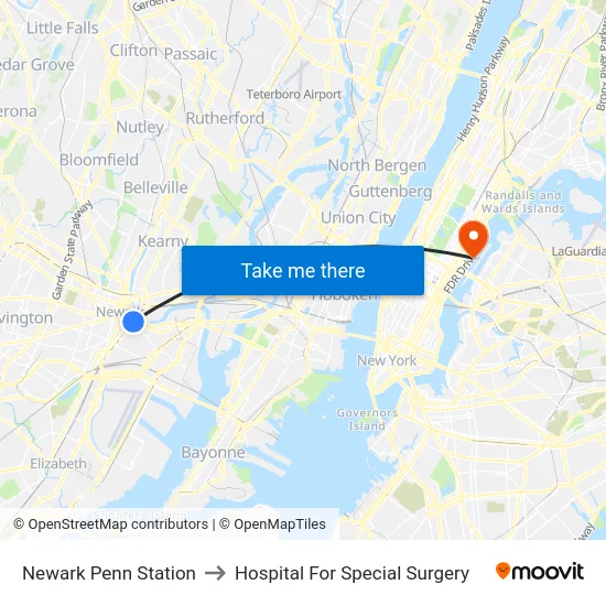 Newark Penn Station to Hospital For Special Surgery map