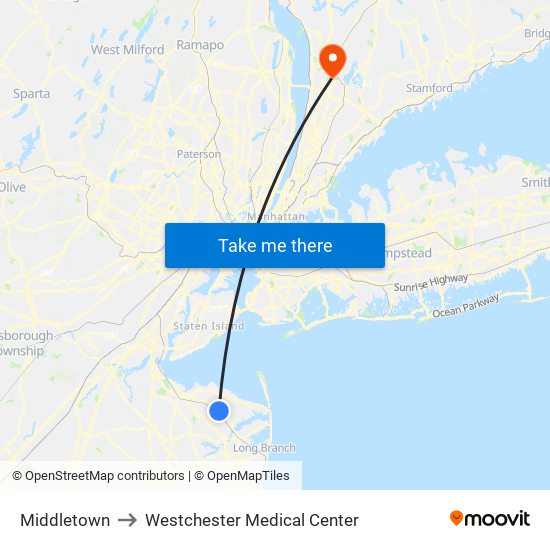 Middletown to Westchester Medical Center map