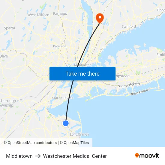 Middletown to Westchester Medical Center map
