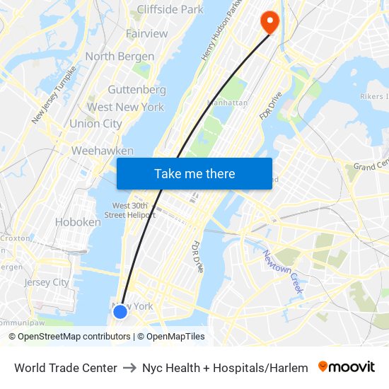 World Trade Center to Nyc Health + Hospitals/Harlem map