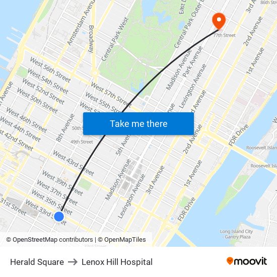 Herald Square to Lenox Hill Hospital map