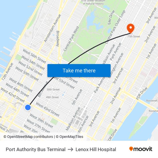 Port Authority Bus Terminal to Lenox Hill Hospital map