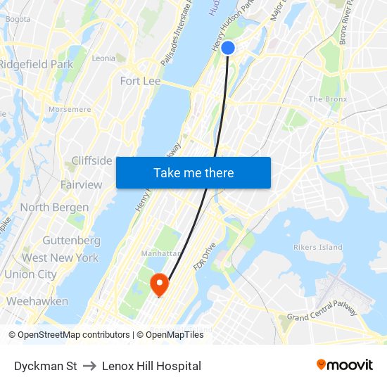 Dyckman St to Lenox Hill Hospital map