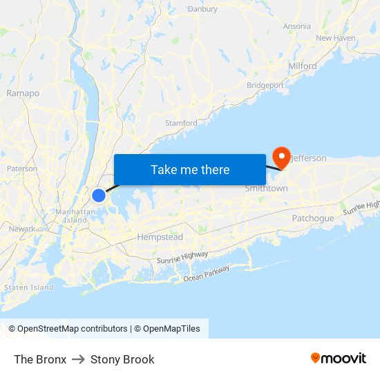 The Bronx to Stony Brook map