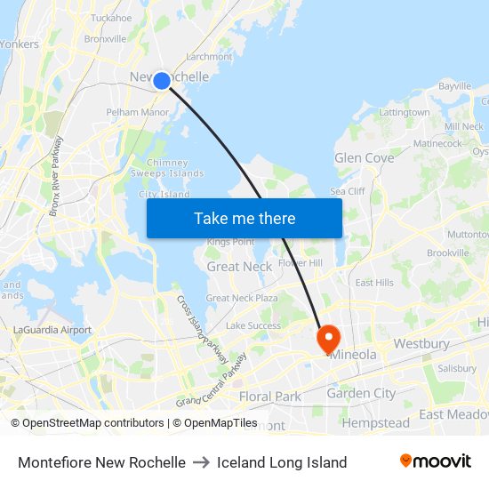 Montefiore New Rochelle to Iceland Long Island map