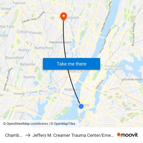 Chambers St to Jeffery M. Creamer Trauma Center / Emergency Department map