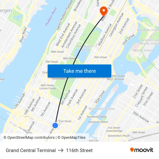 Grand Central Terminal to 116th Street map