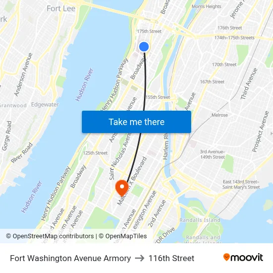 Fort Washington Avenue Armory to 116th Street map