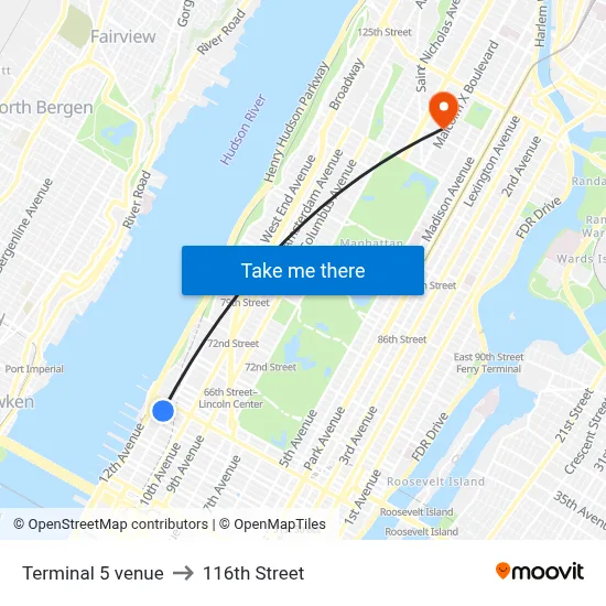 Terminal 5 venue to 116th Street map