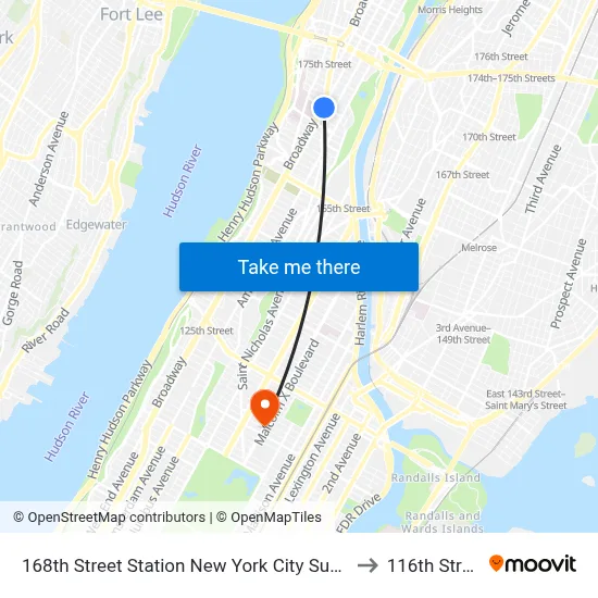 168th Street Station New York City Subway to 116th Street map