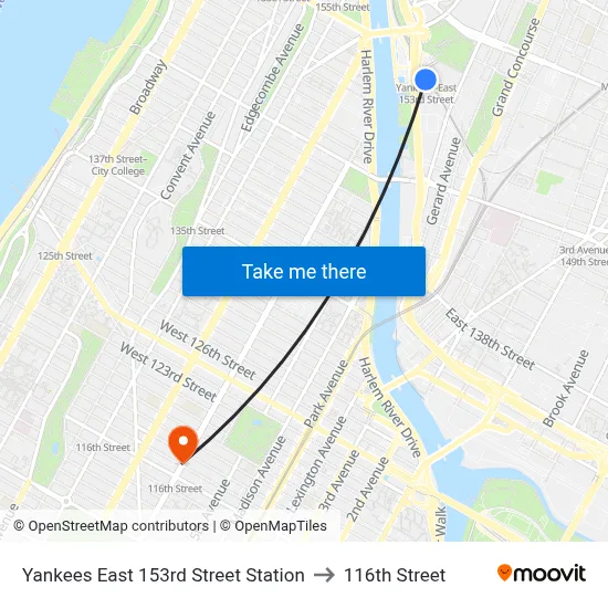 Yankees East 153rd Street Station to 116th Street map