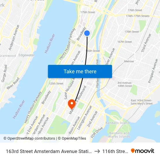 163rd Street Amsterdam Avenue Station to 116th Street map