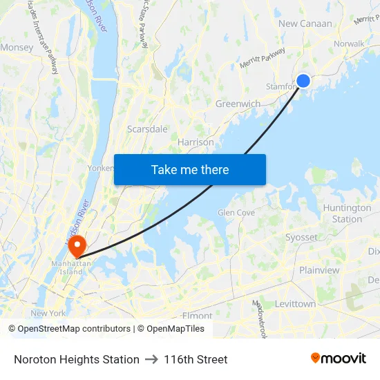 Noroton Heights Station to 116th Street map