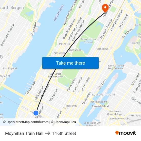 Moynihan Train Hall to 116th Street map