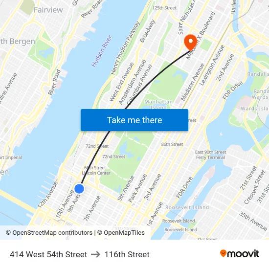 414 West 54th Street to 116th Street map
