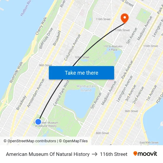 American Museum Of Natural History to 116th Street map