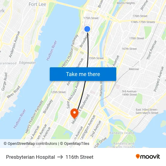 Presbyterian Hospital to 116th Street map