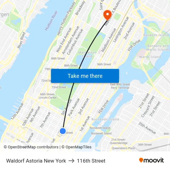 Waldorf Astoria New York to 116th Street map