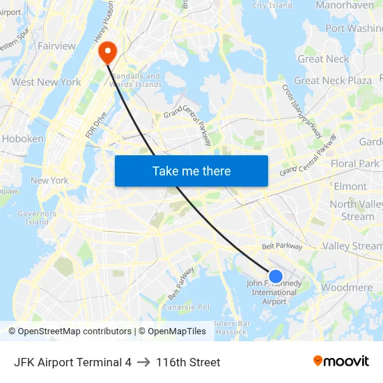 JFK Airport Terminal 4 to 116th Street map