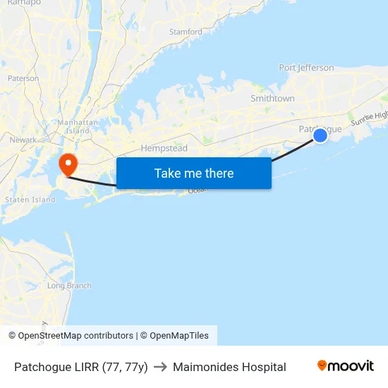 Patchogue LIRR (77, 77y) to Maimonides Hospital map