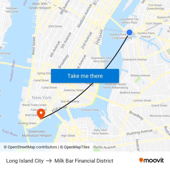Long Island City to Milk Bar Financial District map