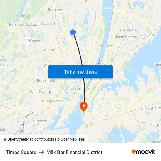 Times Square to Milk Bar Financial District map