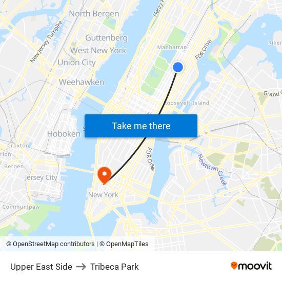 Upper East Side to Tribeca Park map