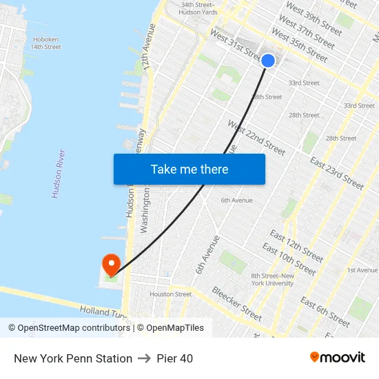New York Penn Station to Pier 40 map