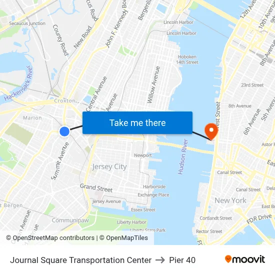 Journal Square Transportation Center to Pier 40 map