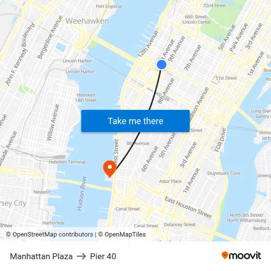 Manhattan Plaza to Pier 40 map