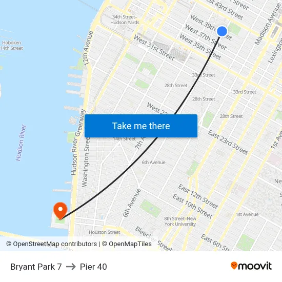 Bryant Park 7 to Pier 40 map
