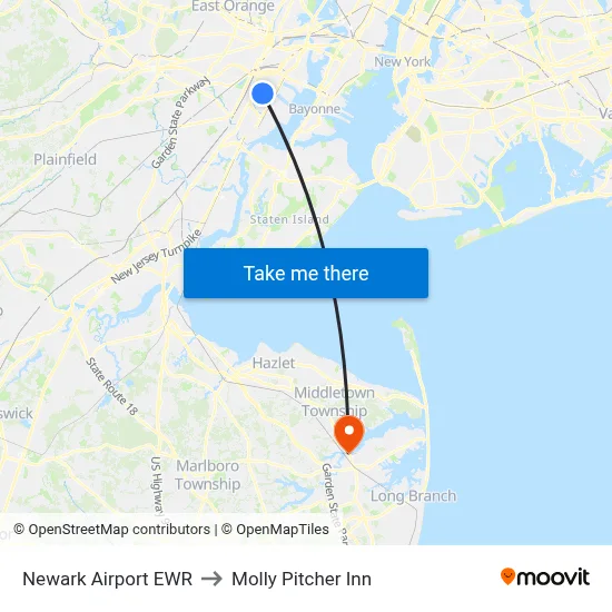 Newark Airport EWR to Molly Pitcher Inn map