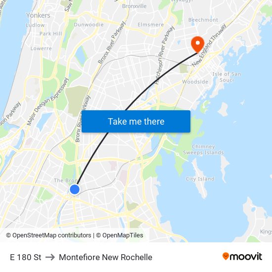 E 180 St to Montefiore New Rochelle map