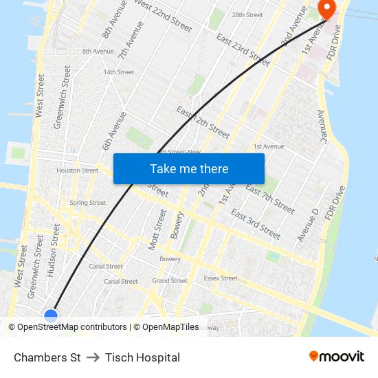Chambers St to Tisch Hospital map
