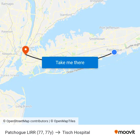 Patchogue LIRR (77, 77y) to Tisch Hospital map