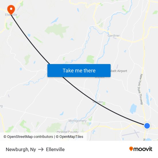 Newburgh, Ny to Ellenville map